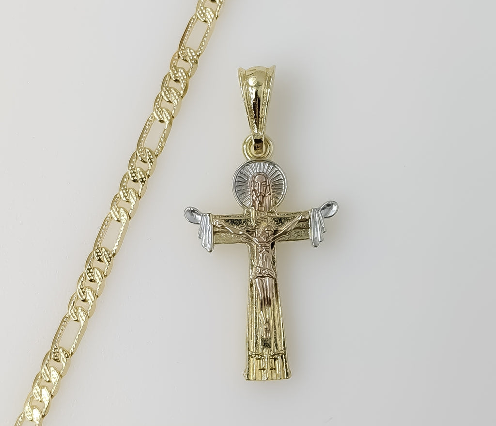 Plated Tri-Color Cross 4mm 14K Diamond Cut Figaro Chain Necklace