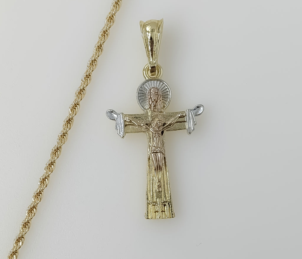 Plated Tri-Color Cross 2mm Rope/Braided Chain Necklace