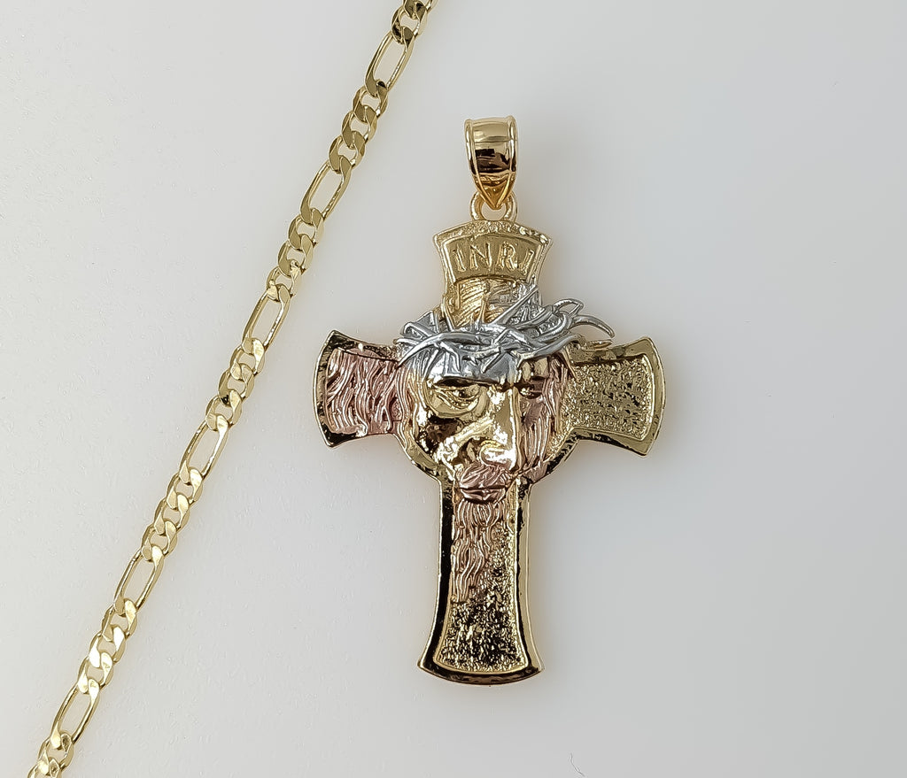 Plated Tri-Color Cross 3mm Figaro Chain Necklace