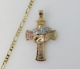 Plated Tri-Color Cross 4mm Figaro Chain Necklace