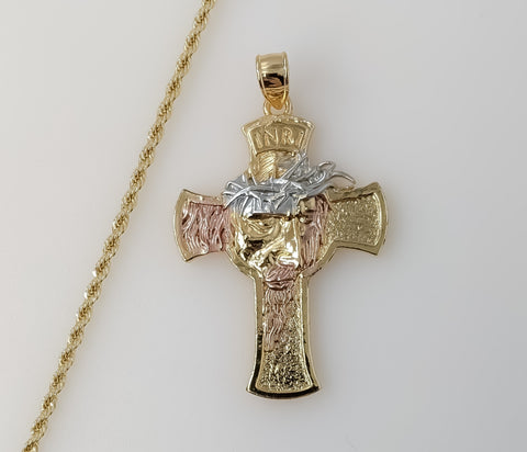 Plated Tri-Color Cross 2mm Rope/Braided Chain Necklace