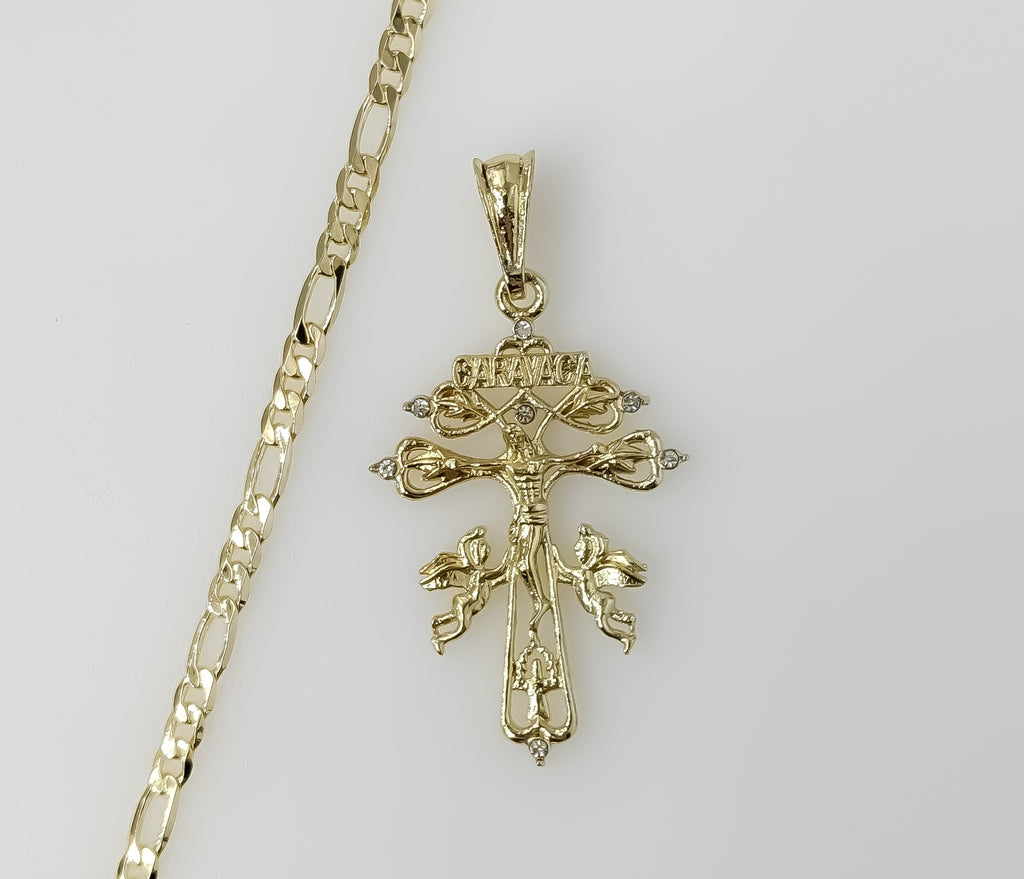 Plated Holy Cross of Caravaca 4mm Figaro Chain Necklace
