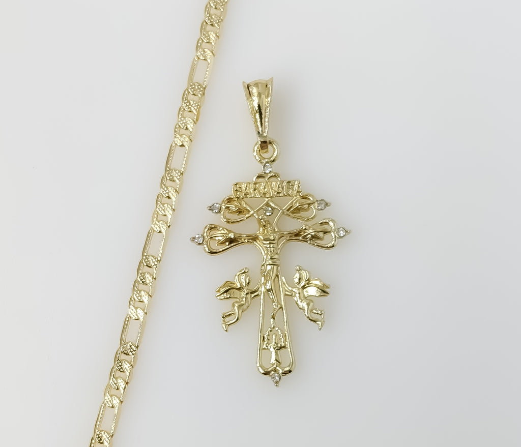 Plated Holy Cross of Caravaca 4mm 14K Diamond Cut Figaro Chain Necklace