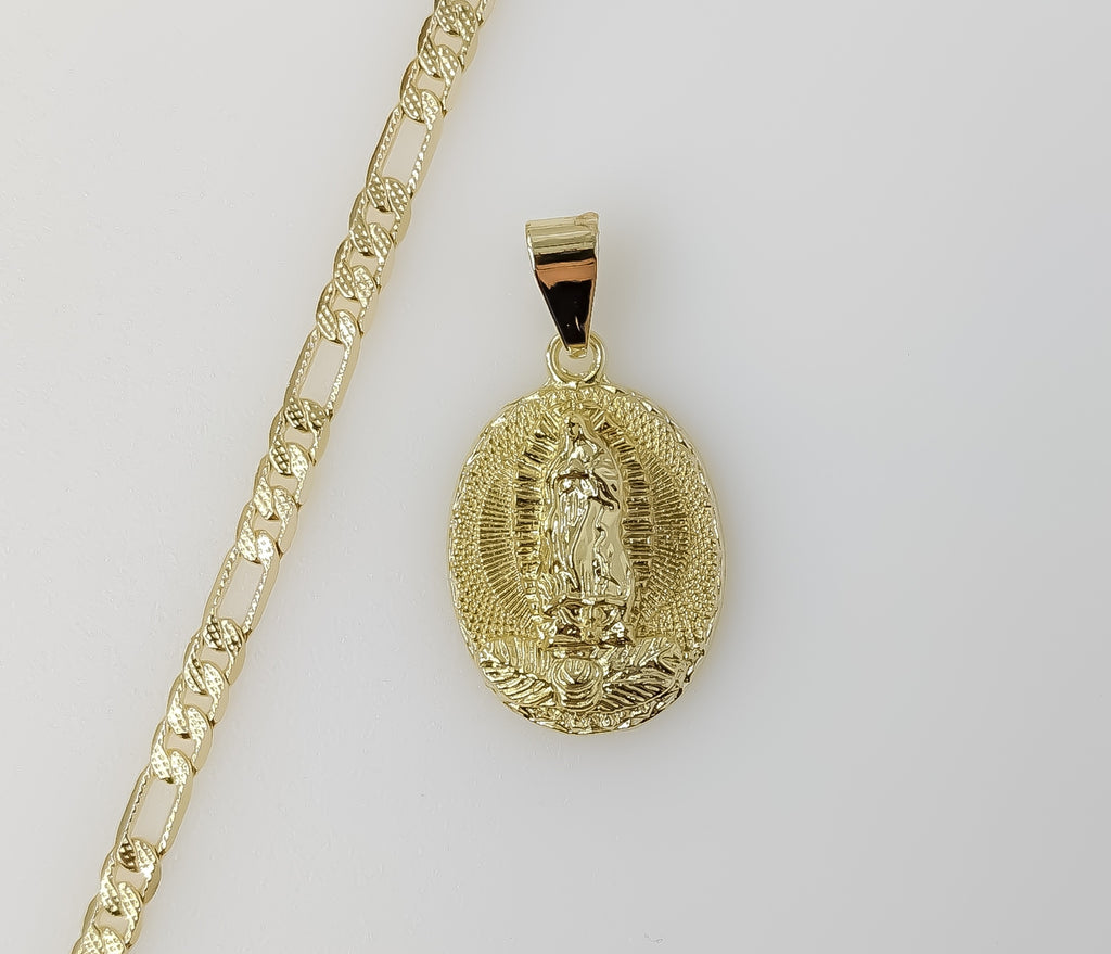 Plated Virgin Mary 4mm 14K Diamond Cut Figaro Chain Necklace