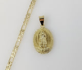 Plated Virgin Mary 4mm 14K Diamond Cut Figaro Chain Necklace