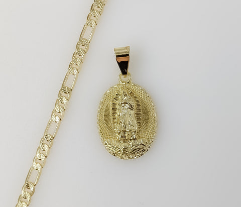 Plated Virgin Mary 4mm 14K Diamond Cut Figaro Chain Necklace