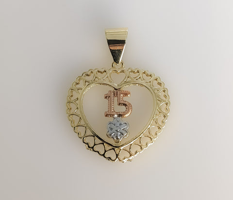 Plated Tri-Color Heart "My 15" Quince Pendant