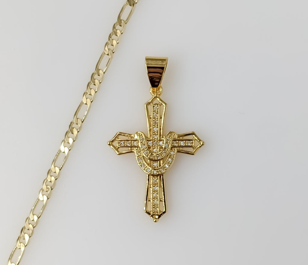 Plated Cross 3mm Figaro Chain Necklace