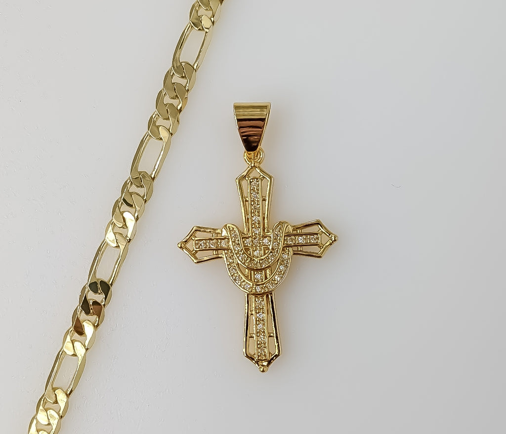 Plated Cross 5mm Figaro Chain Necklace