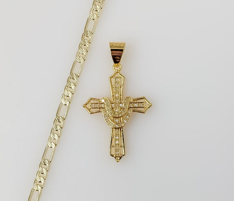 Plated Cross 4mm 14K Diamond Cut Figaro Chain Necklace