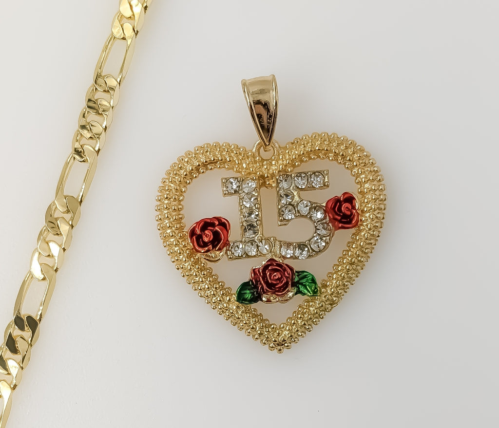 Plated Heart "My 15" Quince 5mm Figaro Chain Necklace
