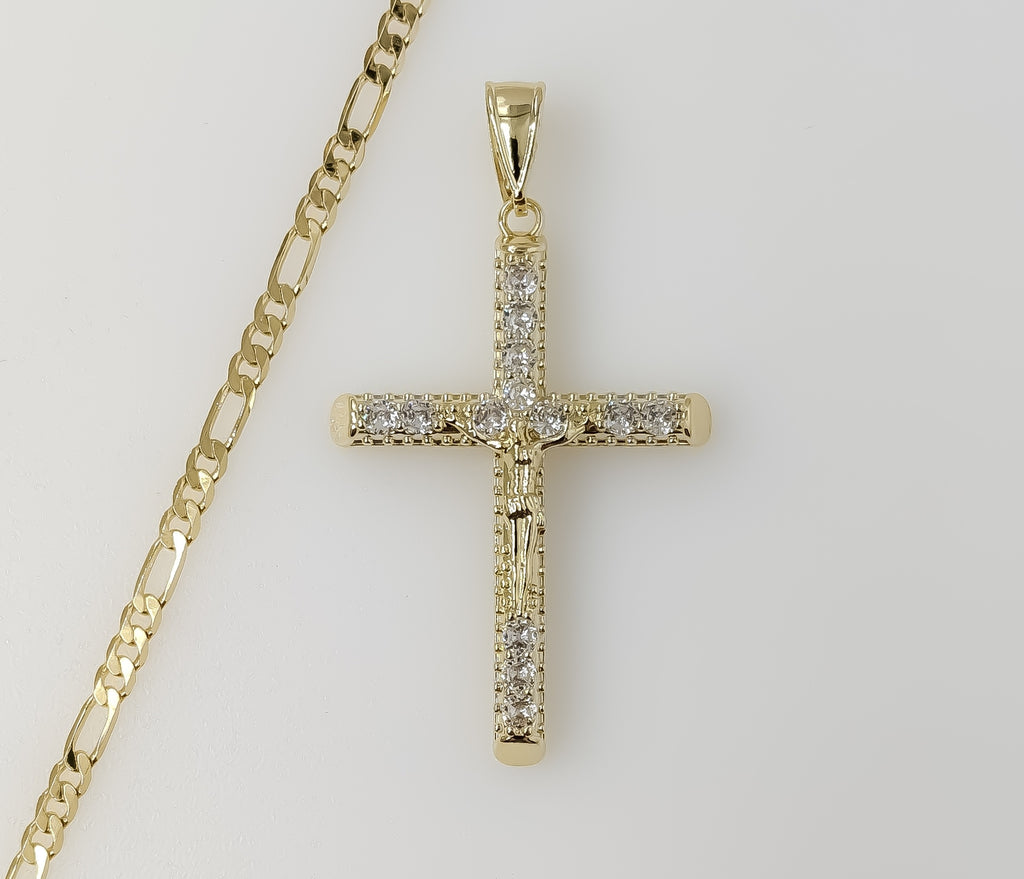 Plated Blinged Cross 3mm Figaro Chain Necklace
