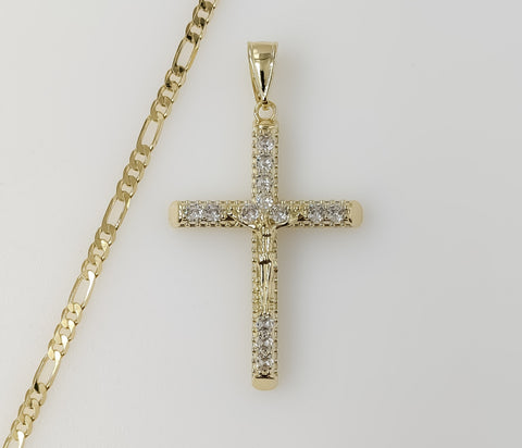 Plated Blinged Cross 3mm Figaro Chain Necklace