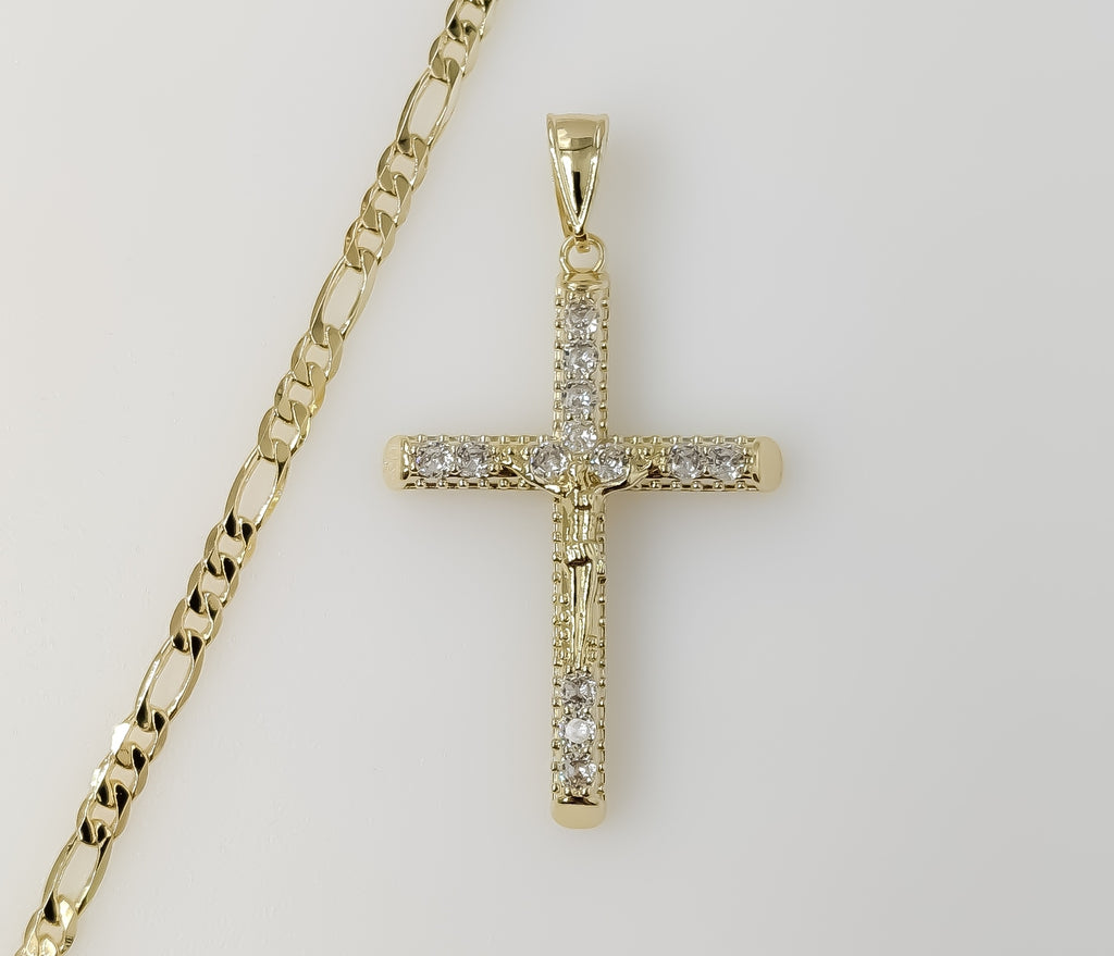 Plated Blinged Cross 4mm Figaro Chain Necklace