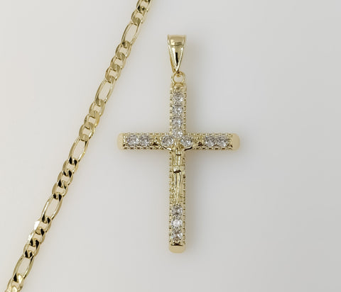 Plated Blinged Cross 4mm Figaro Chain Necklace