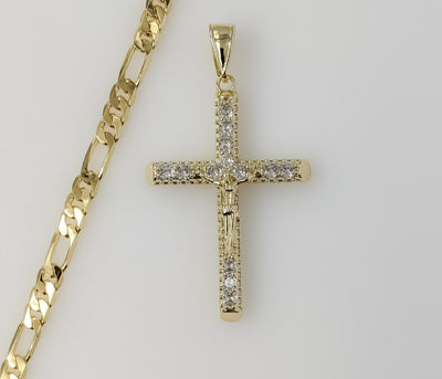 Plated Blinged Cross 5mm Figaro Chain Necklace