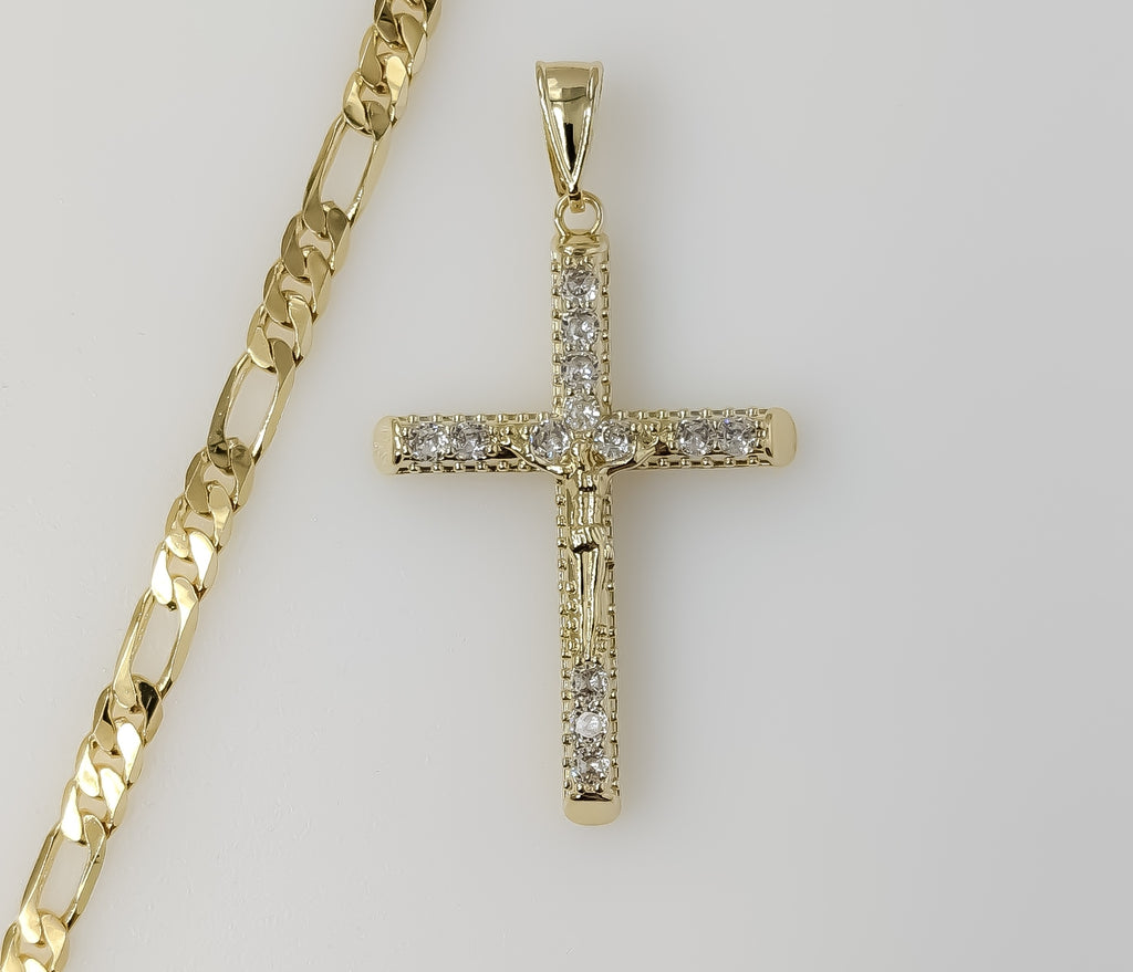 Plated Blinged Cross 5mm Figaro Chain Necklace