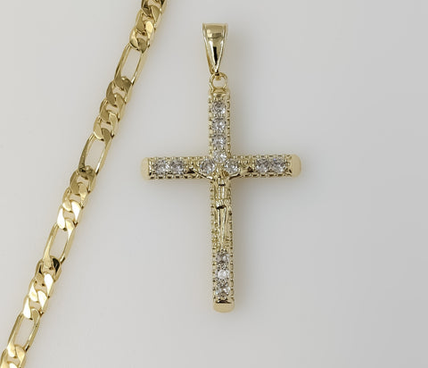Plated Blinged Cross 5mm Figaro Chain Necklace