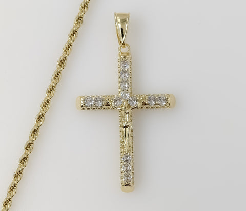 Plated Blinged Cross 3mm Rope/Braided Chain Necklace