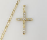 Plated Blinged Cross 4mm 14K Diamond Cut Figaro Chain Necklace
