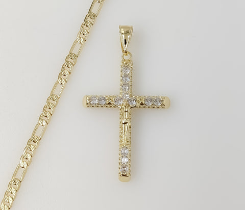 Plated Blinged Cross 4mm 14K Diamond Cut Figaro Chain Necklace