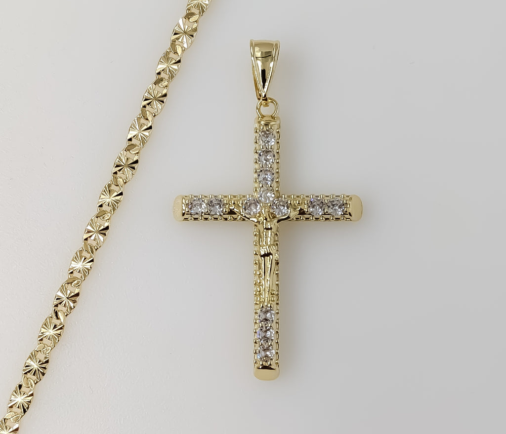 Plated Blinged Cross 4mm Star Chain Necklace