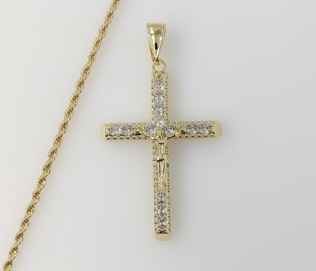 Plated Blinged Cross 2mm Rope/Braided Chain Necklace
