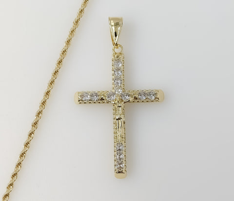 Plated Blinged Cross 2mm Rope/Braided Chain Necklace