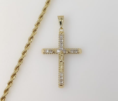 Plated Blinged Cross 4mm Rope/Braided Chain Necklace