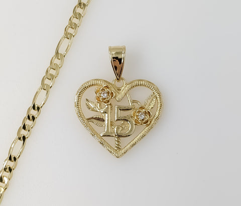 Plated Heart "My 15" Quince 4mm Figaro Chain Necklace
