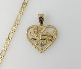 Plated Heart "My 15" Quince 4mm 14K Diamond Cut Figaro Chain Necklace