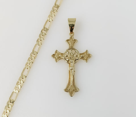 Plated Cross 4mm 14K Diamond Cut Figaro Chain Necklace