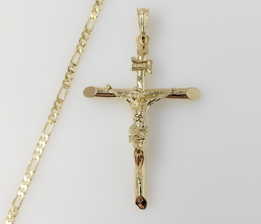 Plated Large Cross 3mm Figaro Chain Necklace