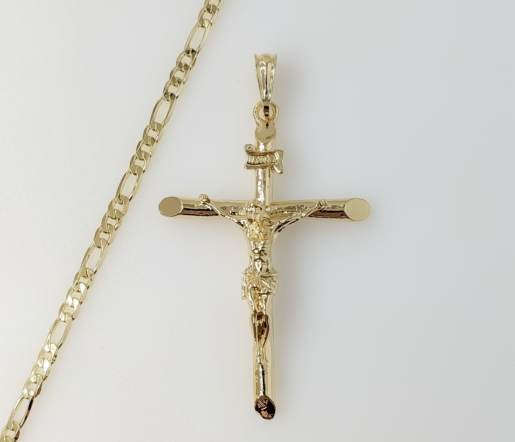 Plated Large Cross 4mm Figaro Chain Necklace