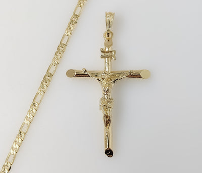 Plated Large Cross 4mm 14K Diamond Cut Figaro Chain Necklace