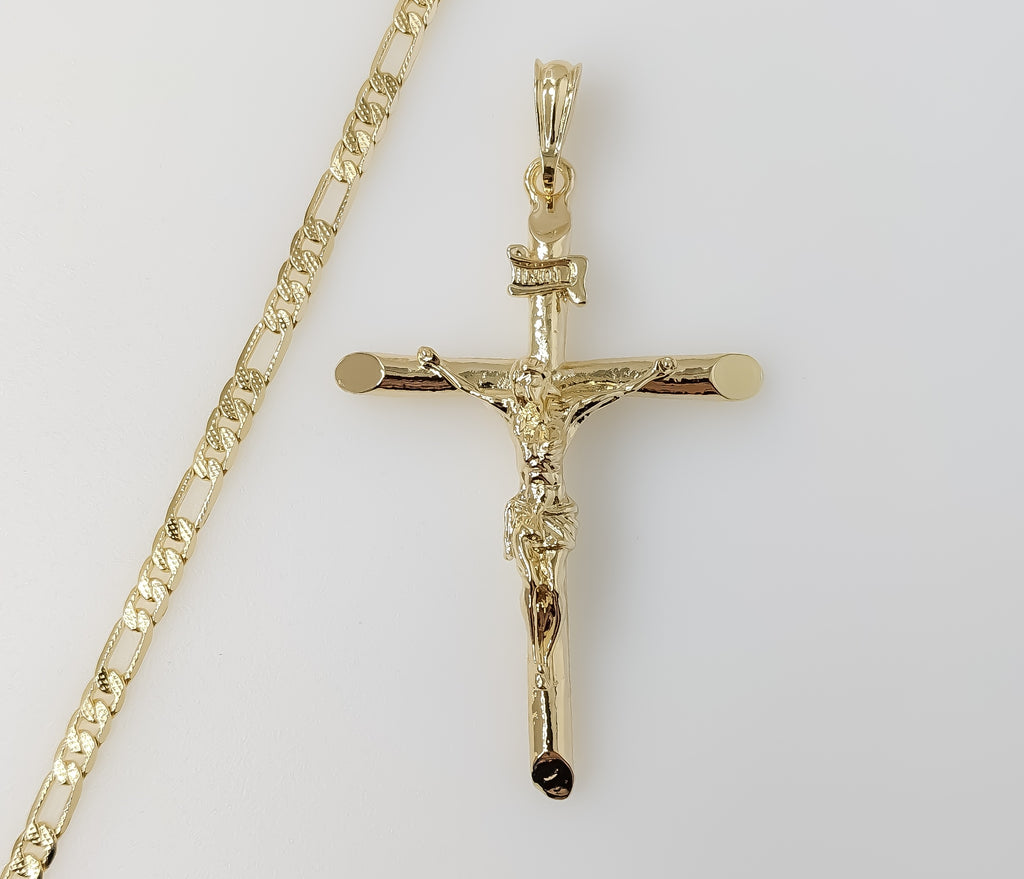 Plated Large Cross 4mm 14K Diamond Cut Figaro Chain Necklace