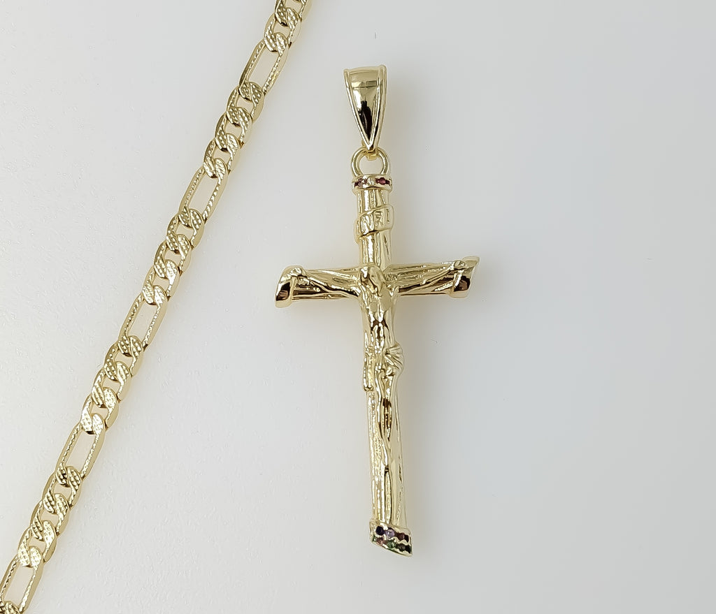 Plated Cross 4mm 14K Diamond Cut Figaro Chain Necklace