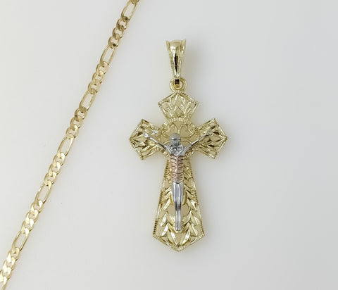 Plated Tri-Color Cross 3mm Figaro Chain Necklace