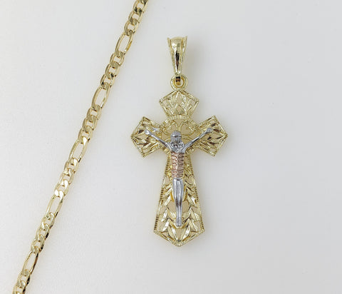 Plated Tri-Color Cross 4mm Figaro Chain Necklace