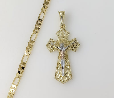 Plated Tri-Color Cross 5mm Figaro Chain Necklace