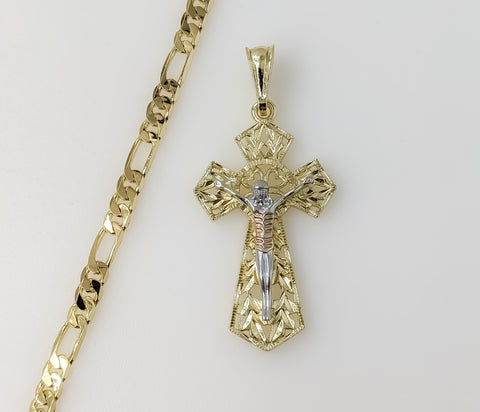 Plated Tri-Color Cross 5mm Figaro Chain Necklace