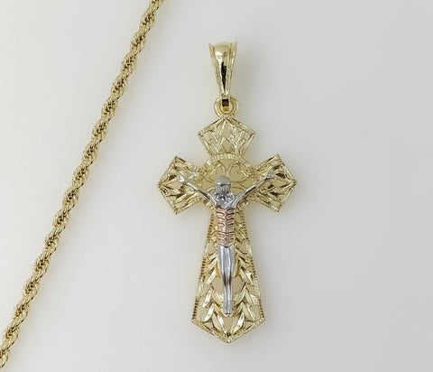 Plated Tri-Color Cross 3mm Rope/Braided Chain Necklace