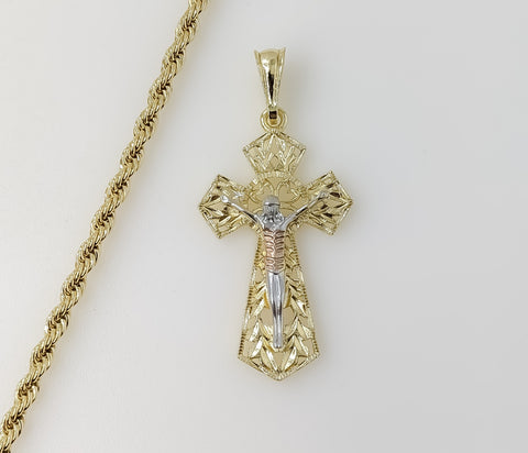 Plated Tri-Color Cross 4mm Rope/Braided Chain Necklace