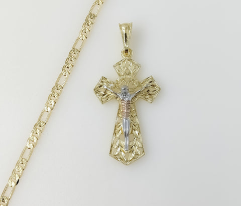 Plated Tri-Color Cross 4mm 14K Diamond Cut Figaro Chain Necklace