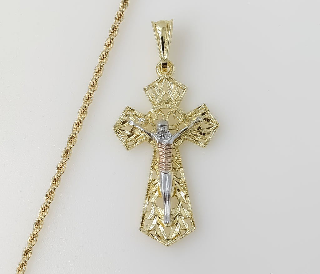 Plated Tri-Color Cross 2mm Rope/Braided Chain Necklace