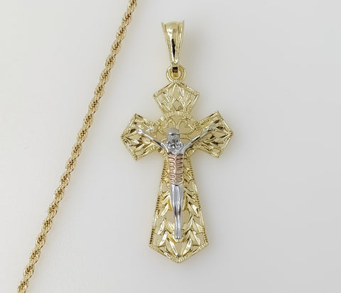 Plated Tri-Color Cross 2mm Rope/Braided Chain Necklace