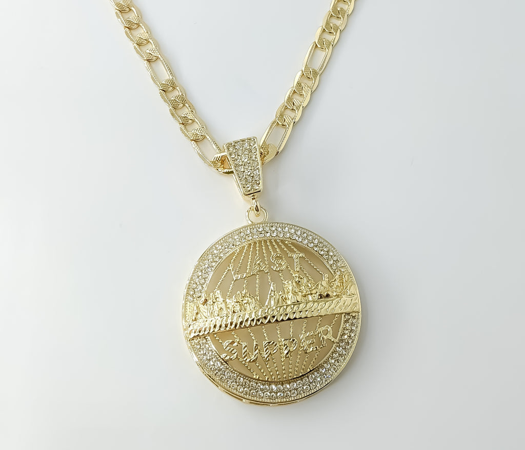 Plated Large The Last Supper 7mm 14K Diamond Cut Figaro Chain Necklace