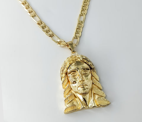 Plated Large Jesus 7mm 14K Diamond Cut Figaro Chain Necklace