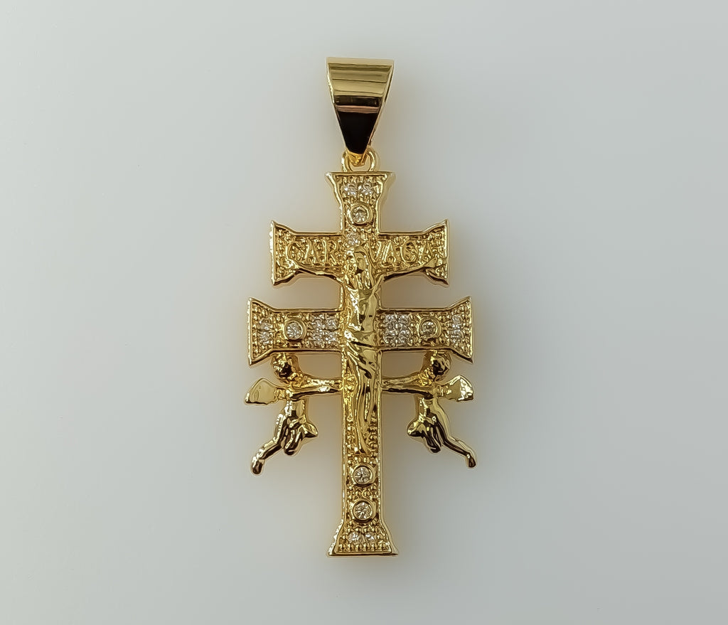 Blinged Holy Cross of Caravaca with Angels Plated Pendant Religious Charm