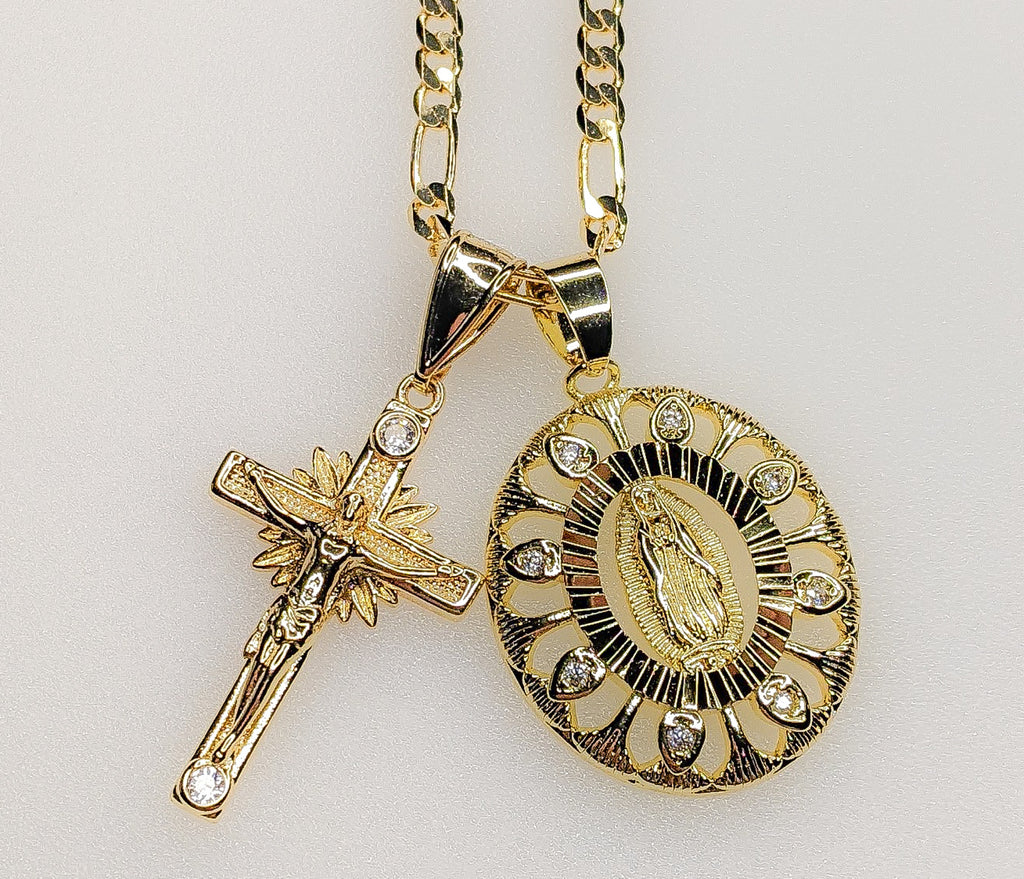Virgin Mary Cross Double Pendants Charms 3mm Figaro Plated Necklace